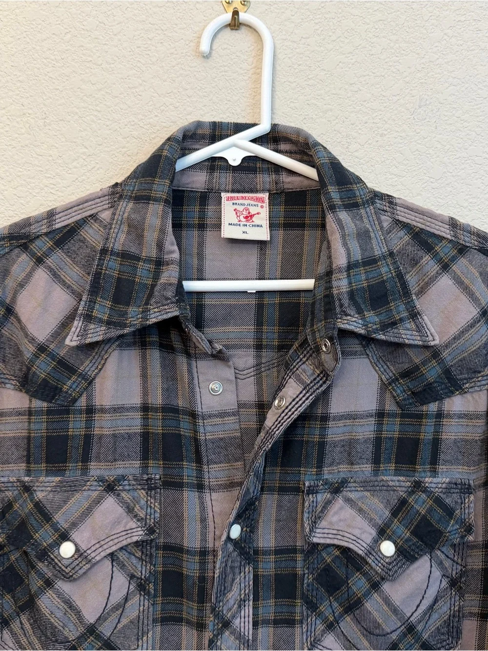 True Religion Gray and Blue Plaid Western Shirt Sz XL